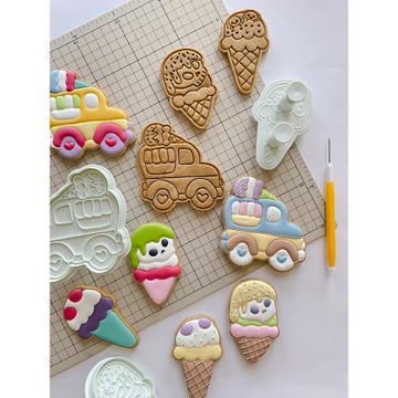 AMAGOUR安柚 日式可愛卡通冰激凌車甜筒餅干彈簧按壓模具3件套