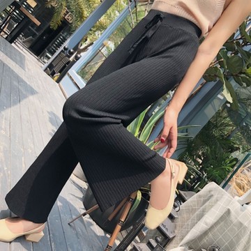 La Belleza素色鬆緊腰粗抽繩粗坑條彈性包心紗針織垂墬闊腿褲