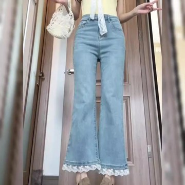 衣時尚 長褲 牛仔褲 寬腿褲 直筒褲S-XL新款蕾絲邊拼接微喇牛仔褲修身顯瘦百搭九分喇叭褲-5327.