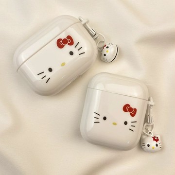 日韓卡通簡約 可愛少女 黑白粉色 大臉KT貓 鈴鐺Airpods Pro2耳機套1/2/3/4代 蘋果藍牙耳機防摔保護殼
