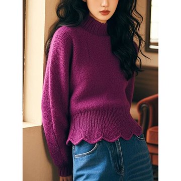 復古優雅絕美紫色圓領收腰毛衣針織衫女秋冬款超好看修身顯瘦小衫