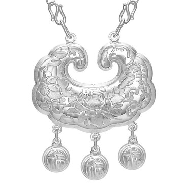 銀意坊9999純銀寶寶銀項圈長命鎖嬰兒童銀項鏈滿月周歲大氣祝福禮