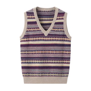 秋冬新款100純羊絨女士V領套頭背心毛衣時尚條紋柔軟保暖針織馬甲