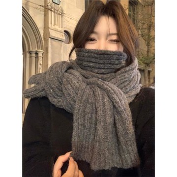 韓版羊毛混紡針織純色毛線情侶灰色圍巾女秋冬加厚保暖百搭圍脖男