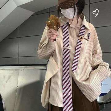 【台灣现貨】學生襯衫 秋冬長袖 韓系長T 復古風 POLO衫 休閒長袖 薄款外套 領帶襯衫 條紋T恤 時尚襯衫 薄外套