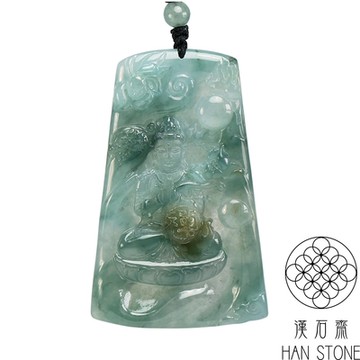 【漢石齋】天然翡翠A貨 佛陀玉佩吊墜 冰種飄花帶黃翡(65*41*5mm)