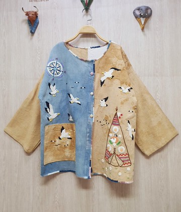 手工刺繡襯衫、棉布、天然染料、花卉、狐狸、蘑菇