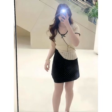 大碼法式正肩撞色蝴蝶結針織上衣春微胖MM高腰黑色波點長短裙套裝