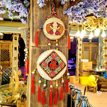 云南手工竹編簸箕圓形刺繡福字墻面掛飾餐廳農家樂民宿飯店裝飾