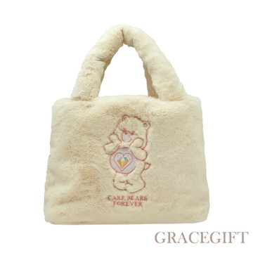 【Grace Gift】Care Bears-鑽石小熊單肩毛毛托特包 米白