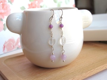 紫雲母 白水晶 孔賽石 925純銀勾【紫色夾心】
