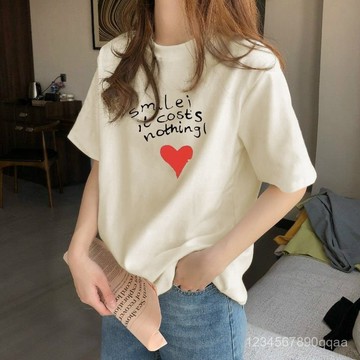 純棉T恤 正肩短袖 T恤女 上衣女  簡約上衣 印花上衣 圓領短袖 大碼寬鬆T恤 休閒百搭短袖 中長款上衣