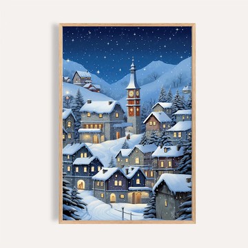 星夜雪村 Starlit Snow Village / 耶誕小鎮雪景掛畫 海報 無框畫
