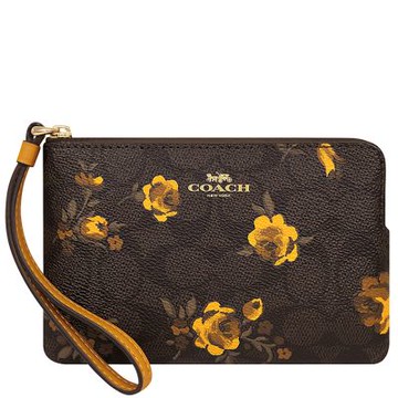 COACH 巧克力色花朵圖樣大C PVC手拿包