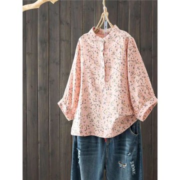 文藝復古小碎花印花雙層棉紗蝙蝠袖立領襯衫女2024夏套頭寬松上衣