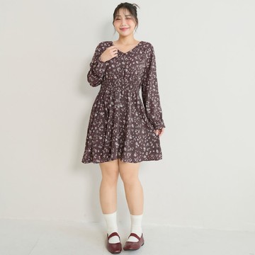 假排釦V領碎花長袖短洋裝