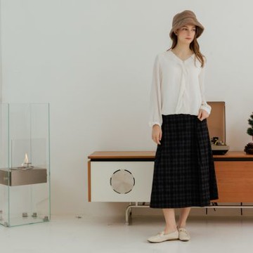 【CUMAR】學院風格紋後腰鬆緊長裙 藍 咖