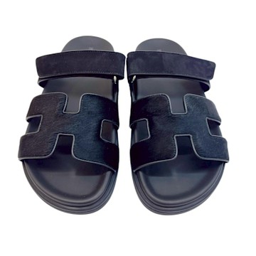 HERMES 經典爆款 H LOGO 馬毛二舅拖鞋(經典黑)