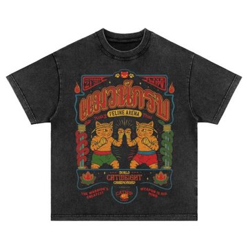 拳擊貓貓比賽 美式復古Vintage tee水洗做舊純棉短袖T恤男女衛衣