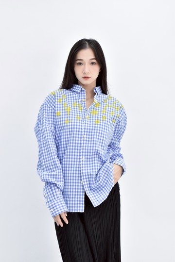 (XL) filme filled棉質純棉格紋閃亮印花藍色襯衫上衣