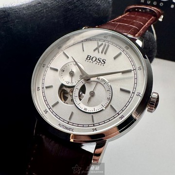 BOSS手錶,編號HB1513505,44mm銀圓形精鋼錶殼,銀白色鏤空, 中三針顯示, 二眼錶面,咖啡色真皮皮革錶帶款,精雕細琢!, 璀璨耀眼!