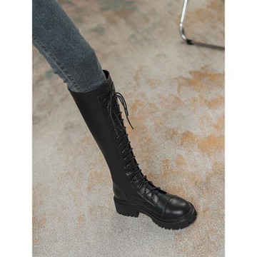 店主自留新款~真皮長筒靴女內增高冬騎士靴小個子厚底系帶高筒靴