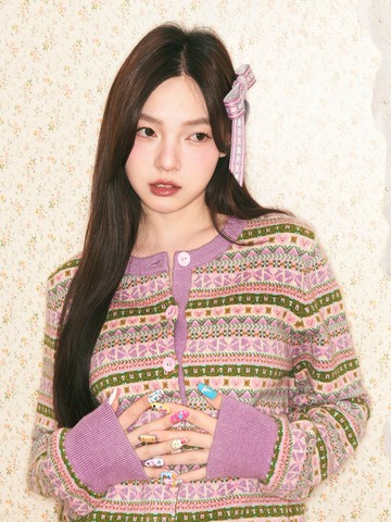 淡紫色卡通幾何針織開衫套裝可愛氣質