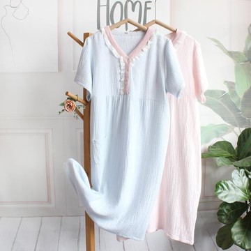 日系女夏季純棉睡裙薄款水洗棉雙層紗布睡衣泡泡棉家居裙清新V領