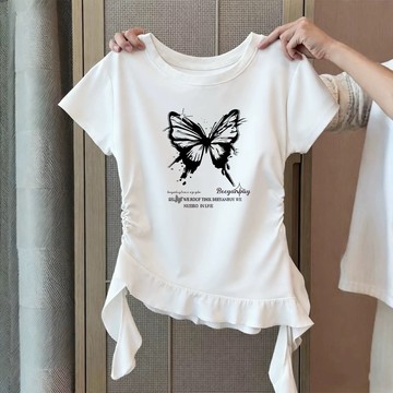 【壹號店】不規則荷葉邊飄帶設計感短袖T恤女 修身氣質顯瘦百搭上衣 夏季新款小個子短款上衣 衣服女