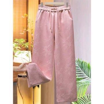 冬季新款加絨國風百搭高腰絲緞提花顯瘦直筒褲女新中式闊腿窄版褲