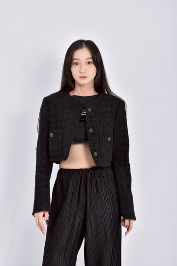 (S) metwo小香風修身短版粗花毛呢黑色外套