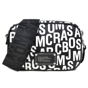 MARC JACOBS 方牌LOGO黑色防刮X白色品牌字樣寬帶相機斜背包