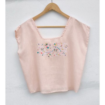 刺繡 | 亞麻 | 橘粉色方領上衣