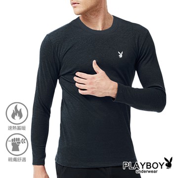 PLAYBOY內刷毛透氣棉絨保暖圓領長袖衫-單件(黑)
