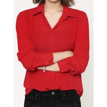 春夏新款雪紡長袖襯衫女韓范百搭顯瘦設計感OL氣質大紅色襯衣上衣
