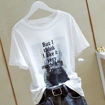 夏季白色竹節棉純棉短袖t恤女字母體恤韓版圓領薄款寬松大碼上衣