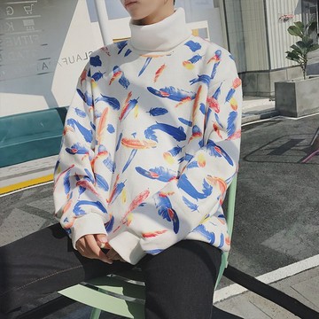 FINDSENSE G6 韓國時尚 彩色羽毛加厚加絨高領衛衣日系寬鬆休閒毛衣上衣