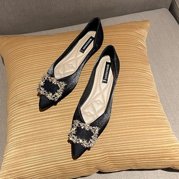 2024春秋新款韓版尖頭方扣水鉆仙女平底單鞋女淺口百搭軟底瓢鞋女