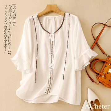 【ACheter】文藝復古五分袖純棉麻V領寬鬆顯瘦百搭刺繡上衣# 122215(現貨+預購)