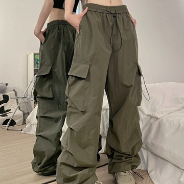 FUXI 美式復古工裝褲女 休閒褲女 高腰顯瘦直筒褲 束腳褲 長褲 寬鬆闊腿褲 女生褲子 鬆緊腰抽繩長褲