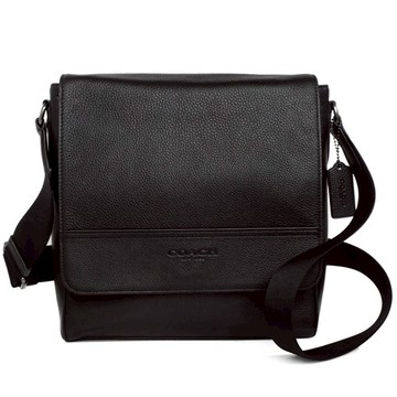 [平輸版] 【COACH】黑色荔枝紋全皮上蓋郵差包/翻蓋包/斜背包/男包/書包/公事包 真品平輸