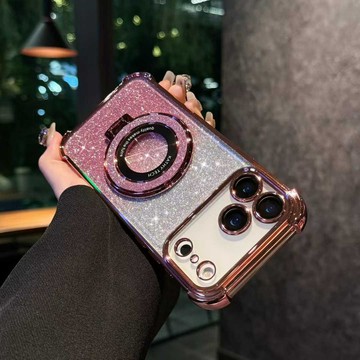 高品質 電鍍閃粉 四角加高奇瑞 閃粉磁吸支架 防摔殼 用於iPhone17 16 手機殼 15 14 13 12耐摔防震