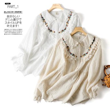 凜美春季新款日系森女風甜美純棉娃娃衫寬松大擺重工刺繡套頭襯衫
