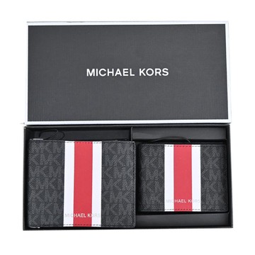 MICHAEL KORS GIFTING直紋滿版對開短夾（附證件夾）禮盒組-黑/紅 _廠商直送