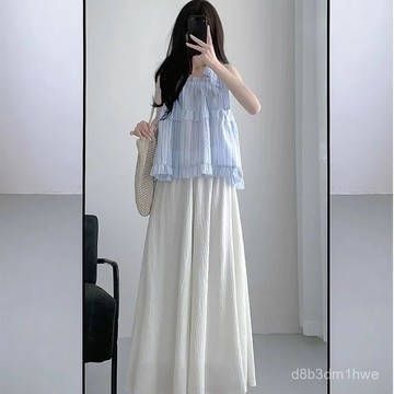 臺灣出貨🚚白色裙褲女夏天薄款小個子飄飄百褶a字半身裙顯瘦高腰垂感闊腿褲