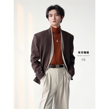 亂山昏 東方雅痞新中式原創假兩件人字紋墊肩休閑西服短外套秋冬