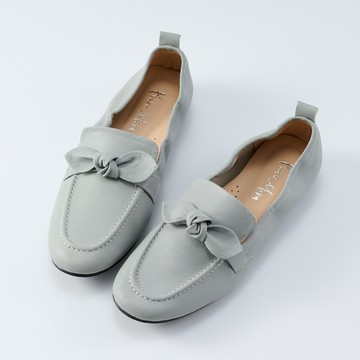 Kuru Mira減齡啾啾蝴蝶結真皮平底鞋-藍灰