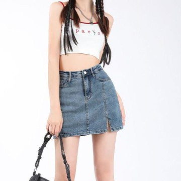 胖胖美依 半身裙 A字裙 長裙S-XL休閒設計感高腰牛仔短裙春夏季修身顯瘦個性開叉包臀牛仔裙-8119.