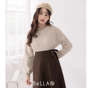 【買2送1】BeLLA  短版條紋毛衣 典雅杏