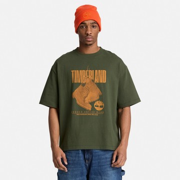 Timberland 男款綠色寬版厚磅黃靴圖案短袖T恤｜A5TH7U31